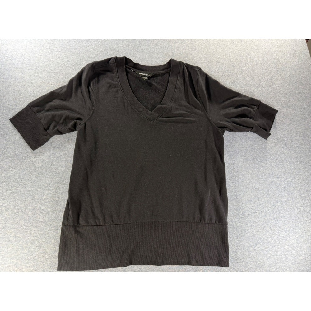 Athleta Black V-Neck Short Sleeve Ribbed Hem Tencel Modal Top S 659277 FA23